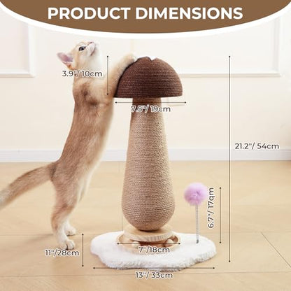 Mushroom Cat Scratching Post with Interactive Ball Track Spring Ball Cat Toys, 21.2" Cat Jute Scratcher Tree for Indoor Cats, Brown - color: Brown