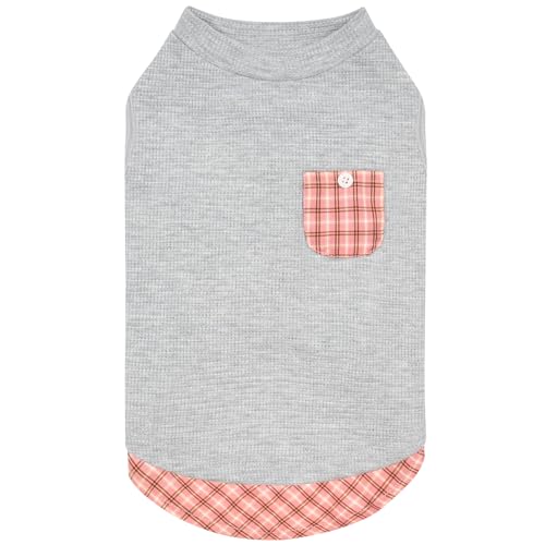 KYEESE Waffle Dog Shirts for Small Dogs Soft Lightweight T-Shirts Sleeveless Vest Stretchy Puppy Tee with Decorative Pocket and Stylish Plaid Patchwork, X-Large - color: 1#Grey, size: X-Large (19-27lbs)
