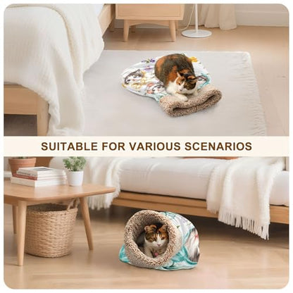 YETTASBIN Self-Warming Cat Sleeping Bag - Cute Kittens Semi-Enclosed Anti-Anxiety Calming Cat Bed Cave, Cozy Plush Pet Snuggle Sack with Soft Fleece Lining for Cat Dog Kitten, 19” x 23”