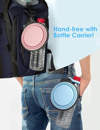 Aonkey Collapsible Dog Bowls with Bottle Carrier, 2 Pack Travel Dog Water Bowl Upgraded Carabiner, One-Piece Molded Rim No Fall Off or Crack 37oz, Blue & Pink - color: 7. Sky Blue & Pink, size: Large (Pack of 2)