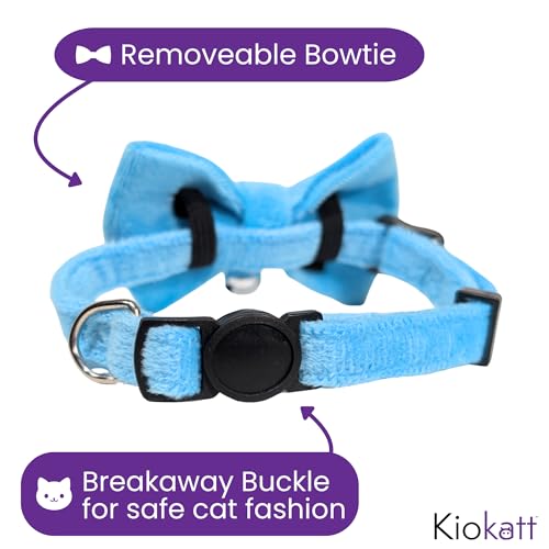 Velvet Bowtie Cat Collar with Bell – Adjustable Breakaway Blue Bow Cat Collar for Adult Cats (7–11") - color: Blue