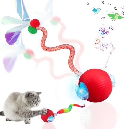 Speedy Tail 2.0 Cat Toy – 2 Replaceable Tails, Controllable Chirping, Motion Activated Rolling Ball, USB Rechargeable – Enrichment & Exercise for Bored Indoor Cats, Kittens (Red) - color: A-Red