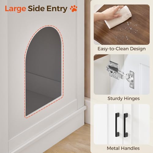 MAHANCRIS Large Cat Litter Box Enclosure, 33.5" Tall Hidden Litter Box Furniture for Small Self Cleaning Litter Box, Farmhouse Wooden Litter Box Cabinet, Cats House, Side Table, White and Walnut