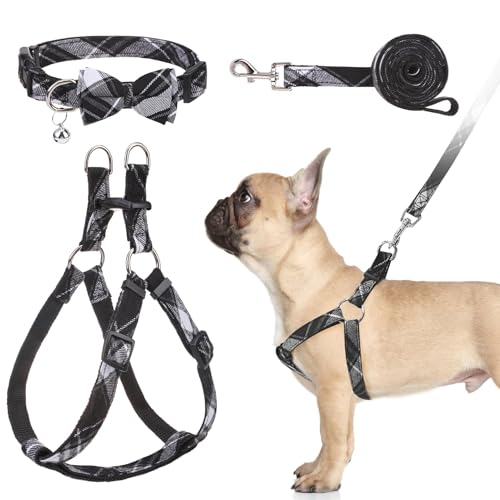 BINGPET Dog Harness Collar Leash Set,Adjustable No Pull Escape Proof Small Dog Harness,Classic Plaid Puppy Harness and Leash Set for Small Medium Large Dogs Training Easy Walk Running - color: Grey Plaid, size: S(Chest Girth:14.9''-20.9'')