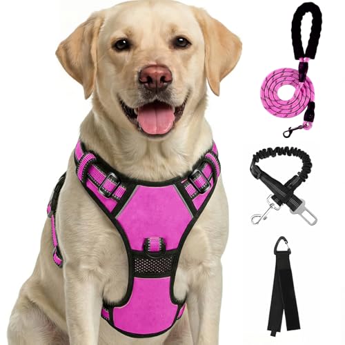 Plaid Dog Harness for Large Dogs, Reflective No Pull Adjustable Pet Vest with Front Clip, Leash, Easy Control Handle and Seat Belt, Rose, XL - color: Rose, size: X-Large