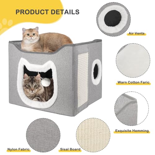 Selecta Grey Indoor Cat House - Foldable, Covered Cat Bed Cave with Fluffy Ball and Scratch Pad