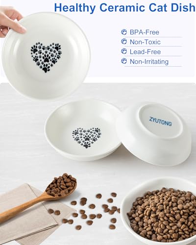 6PCS Whisker Fatigue Ceramic Cat Dishes - 5.5" Shallow Cat Food Bowl, Cute Kitten Plates for Wet Food, Whisker-Friendly, Non-Slip, Wide, White, Heart & Claw Pattern - size: 6 PCS