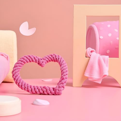 Pink Cute Dog/Cat Chew Toys, Dog Toys for Chewers, Heavy Duty Dental Dog Rope Toy for Dogs, Creative Love Heart Shaped Interactive Rope Dog Toys, Cotton Puppy Teething Chew Tug Toy Dark, Ropes