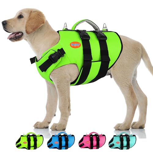 Dog Life Jacket- High Buoyancy & High Visibility Dog Life Vests for Boating and Swimming, Friendly Neoprene Adjustable Pet Floating Vest Safety Lifesaver with Rescue Handle for Medium Dogs - color: Fluorescent Green, size: Medium