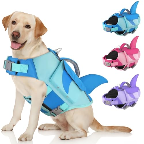 Dog Life Jacket Shark– High Flotation Dog Life Vest with Reflective Stripes, Pet Swimming Vest with Rescue Handle for Small Medium and Large Dogs, Suitable for Swimming & Boating – Blue, XL - color: Blue, size: X-large