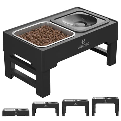 ELS PET Elevated Dog Bowls, Adjustable Raised Dog Bowls with No Spill Dog Water Bowl and Stainless Steel/Slow Feeder, for Small Medium Large Dogs,Cats & Pets (Stainless Steel)