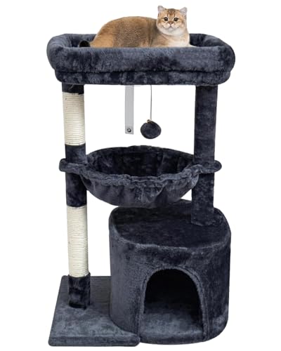 SYANDLVY Small Cat Tree for Indoor Cats, Cat Tower with Scratching Post, Modern Cat House with Padded Perch, Kittens Condo with Cradle, Smoky - color: Smoky Grey
