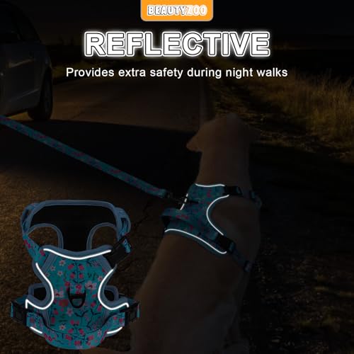 BEAUTYZOO No Pull Dog Harness Small, Adjustable Dog Harness and Leash Set -Easy Wearing with 3 Buckles/Control Handle,No Choke Soft Padded Reflective Pet Vest for Training Walking Hiking,Blue S - color: Blue Flower, size: S: chest 14"-24"