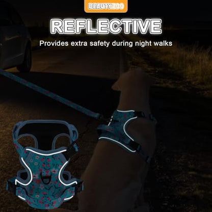 BEAUTYZOO No Pull Dog Harness Large, Adjustable Dog Harness and Leash Set -Easy Wearing with 3 Buckles/Control Handle,No Choke Soft Padded Reflective Pet Vest for Training Walking Hiking,Blue L - color: Blue Flower, size: L: chest 22"-33"