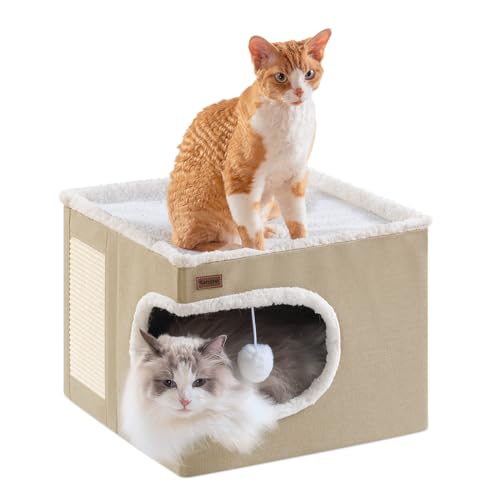 Garnpet Cat Bed for Indoor Cats Cube House, Covered Cat Cave Beds & Furniture with Scratch Pad and Hideaway Tent, Cute Modern Cat Condo for Multi Small Pet Large Kitten Kitty, Khaki - color: khaki, size: 16.5"D x 16.5"W x 13"H