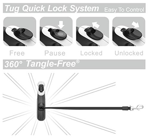 TUG 360° Tangle-Free Retractable Dog Leash | 16 ft Strong Nylon Tape | One-Handed Brake, Pause, Lock (Medium, White) - color: White, size: Medium