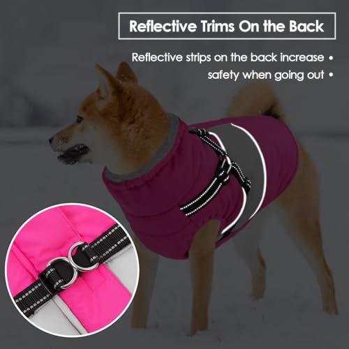 Small Dog Coat with Harness Built in, Warm Dog Jacket Winter with Zipper On Back, Waterproof Pet Snow Jacket Snowsuit Pet Sweater Clothes for Puppy, Hot Pink XS - color: Hot Pink, size: X-Small