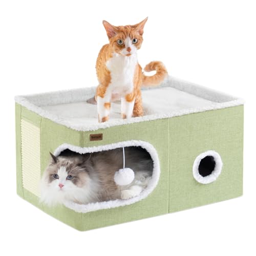 Garnpet Cat Bed for Indoor Cats Cube House, Covered Cat Cave Beds & Furniture with Scratch Pad and Hideaway Tent, Cute Modern Cat Condo for Multi Small Pet Large Kitten Kitty, Large, Green - color: Green, size: 23.6"D x 16.5"W x 13"H