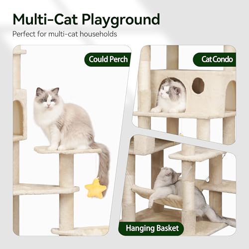 Meecal 79inch Heavy Duty Cat Tree for Indoor Cats Large Adult, Tall Giant Cat Tower with Scratching Post, Large Perches, Cozy Cat Condos & Hanging Hammocks, Beige - color: Beige