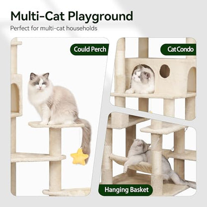 Meecal 79inch Heavy Duty Cat Tree for Indoor Cats Large Adult, Tall Giant Cat Tower with Scratching Post, Large Perches, Cozy Cat Condos & Hanging Hammocks, Beige - color: Beige