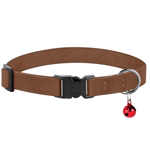 Breakaway Cat Collar Leather with Removable Bell - 13 Colors Available - Soft Adjustable Girl Boy Safety Lightweight Pet Kitten Collars Pink Brown Blue Green Red Orange Black (Cognac) - color: Cognac