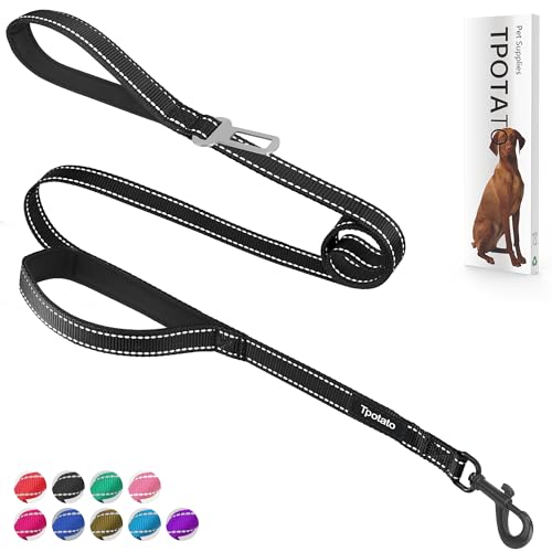 6 Foot Black Dog Leashes for Large Medium and Small Breed Dogs That Pull,Reflective Nylon Heavy Duty Dog Leash with 2 Comfortable Padded Traffic Handles and Car Seat Belt for Walking and Training - color: Black