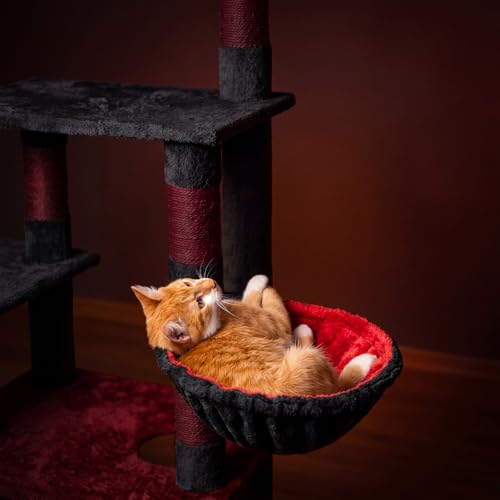 Dansydaisy 3 Pack 14.6" Large Cat Tree Hammock Basket Bed Lounger Tower Replacement Parts with 6 Pcs Hanging Elastic Strings Pom Pom Toys, Cat Tree Accessories Hammock Attachment (Red and Black) - color: Red and Black, size: 14.6"