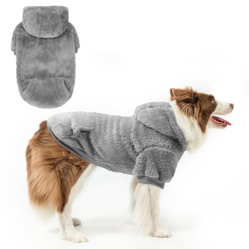 SCENEREAL Fleece Dog Sweaters Hoodie for Small Medium Large Dogs Girls Boys, Plush Fuzzy Dog Clothes Hoodies with Leash Hole, Winter/Fall Puppy Cold Weather Coat, Sherpa Hooded Sweatshirt, Grey ML - color: Grey, size: Medium-Large
