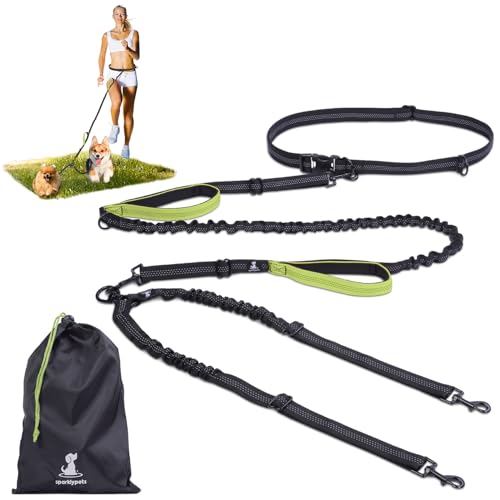 SparklyPets - Hands Free Double Dog Leash - Dual Dog Leash for 2 Small Dogs - with Padded Handles, Reflective Stitches - No Pull, Tangle Free, for Walking, Hiking, Canicross - for Small Dogs - color: Green, size: 2 dogs S