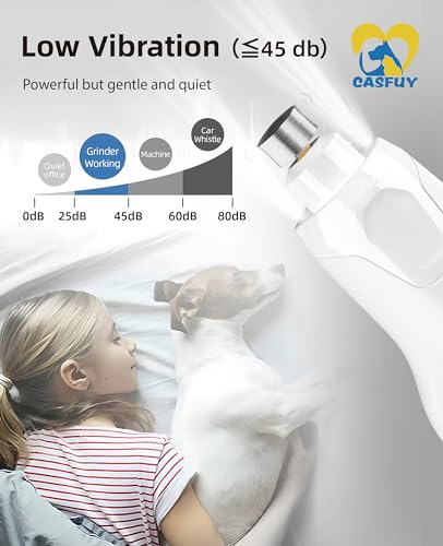 Casfuy Dog Nail Grinder Quiet - (45db) 6-Speed Pet Nail Grinder with 2 LED Lights for Large Medium Small Puppy Dogs/Cats, Professional 3 Ports Rechargeable Electric Dog Nail Trimmer with Dust Cap - color: White