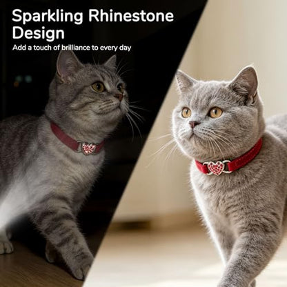 BINGPET Diamond Cat Collar,Adjustable Soft Velvet Leather Safe Kitten Collar with Crystal Heart Charm and Bells,Girl Boy Bling Stylish Cat Collars with Safety Elastic (Red, Neck Girth 8"-10" - color: Red(Heart), size: Neck Girth 8"-10"