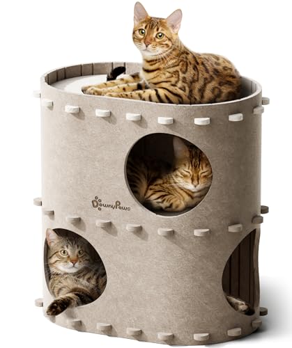DownyPaws Cat House for Indoor Cats, 2-Storey Foldable Cat Bed Cave, Felt Cats Tunnel Bed Condo, Castle Kitten Cube Hideaway for Multicats, Scratch Resistant, Cream - color: Cream, size: Double