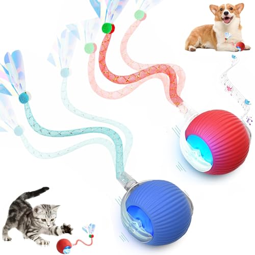 2 Packs Speed 2.0 Tail Interactive Cat Toys for Indoor Cats, Chirping & Motion Activate Cat Toy, Smart Kitten Rolling Ball Moving Ball Toys, Rechargeable Dog Cats Bal l for Enrichment Exercise - color: Red+Blue