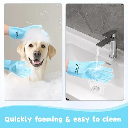 ROPO silicone gloves for pet grooming, multi-functional gloves for pet hair shedding, bathing, and massage (Blue) - color: Blue