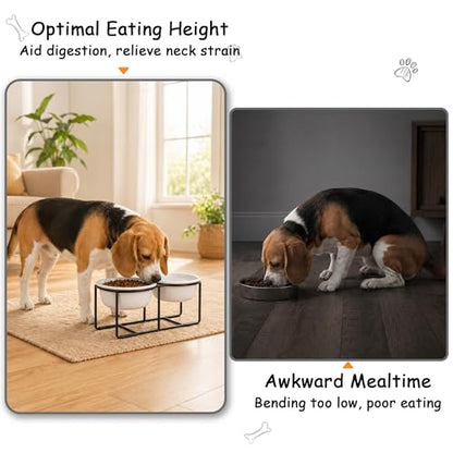 Ceramic Elevated Dog Bowl Set - Raised Food and Water Bowls with Metal Stand - Double Pet Dishes for Small and Medium Dogs - 3 Cups - 24.3 fl oz - Matte White - color: Matte White, size: L-400ml