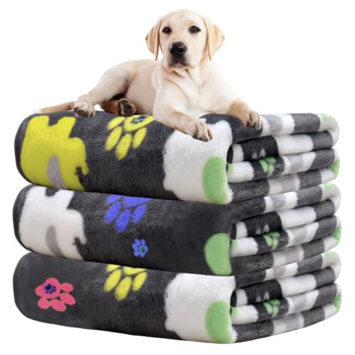 Rezutan 1 Pack 3 Dog Blanket for Large Dogs,41x31 inch for Medium Soft Fluffy Washable Pet Cat Blankets,Reversible Elephant & Paw Print for Dog Kennels & Beds, Sofas, Grey - color: 3pack Grey, size: Large,41x31inch