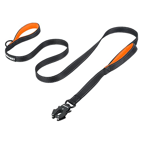 Strong Heavy Duty Dog Leash - 5ft Reflective Nylon Training Leash with Soft Padded Double Handle & Auto Lock Frog Clip - Safety Traffic Control for Large Medium Small Dog No Pull Walk Black Orange,5ft - color: Black Orange, size: 5FT x 1" x 2.8MM