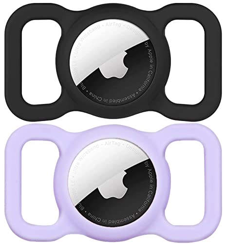 for AirTag (1st & 2nd Generation) Dog Collar Holder [2 Pack] Waterproof High-Strength Elastic Silicone Dog Cat Air Tag Holder(Purple&Black) - color: Purple&Black