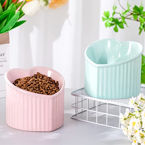 Mumufy 2 Pcs Ceramic Elevated Cat Bowls Tilted Elevated Raised Pet Bowls Anti Vomit Cat Dish for Indoor Stress Free Water Dish Feeder for Puppies, Heart Shaped(Macaron Blue, Pink) - color: Macaron Blue, Pink