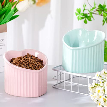Mumufy 2 Pcs Ceramic Elevated Cat Bowls Tilted Elevated Raised Pet Bowls Anti Vomit Cat Dish for Indoor Stress Free Water Dish Feeder for Puppies, Heart Shaped(Macaron Blue, Pink) - color: Macaron Blue, Pink
