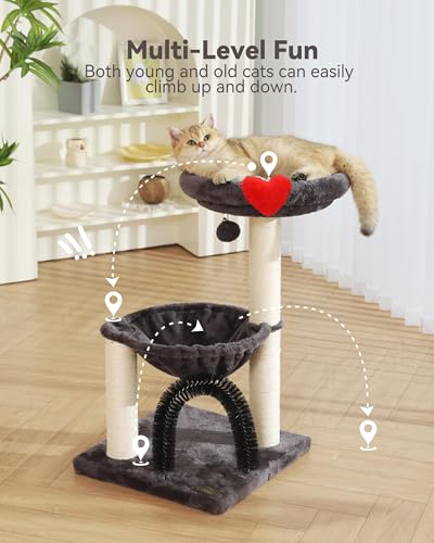 Simple Deluxe 27.8" Small Cat Tree Tower for Indoor Cats, Multi-Level Cute Cat Tree with Scratching Post| Plush Hammock| Perch| Replaceable Cover| Groomer Brush| Dangling Ball for Kittens Play & Rest - color: Smoky Gray & Heart
