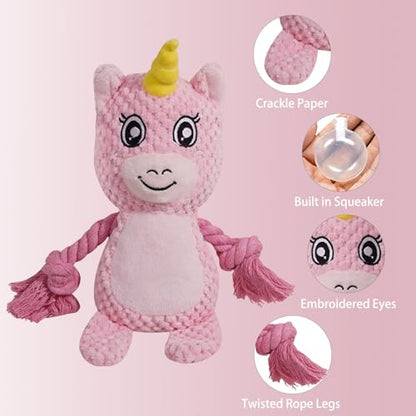 Cute Animals Interactive Squeaky Dog Toy with a Vocal Bladder, Crinkle Paper Stuffed Soft Cotton Chew Toy, Teething Rope Tug of War Pull Toy to Keep Them Busy for Puppy, Small Dogs - Pink Horse - color: Pink Horse