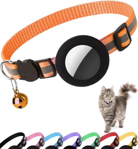 Airtag Cat Collar Breakaway, Reflective Kitten Collar with Apple Air Tag Holder and Bell for Girl Boy Cats, 0.4 Inches in Width and Lightweight(Orange) - color: Orange