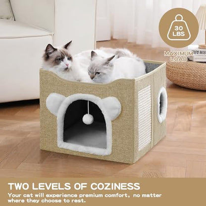 Cat House for Indoor Cats, Large Cat Bed Cave with Scratch Pad and Fluffy Ball, Foldable Cat Hideaway Condo, Kitten Bed, 16x16x13inch (Khaki, Large) - color: Khaki