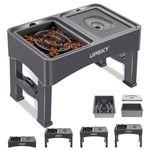 UPSKY 2-in-1 Elevated Dog Bowls Slow Feeder, 4 Height Adjustable Raised Bowl Stand, No Spill Dog Water Bowls, Anti-Slip Food and Water Bowls for Small Medium Dogs(Not Include Stainless Steel Bowl) - color: A-Water Bowl+Slow Feeder (Grey)