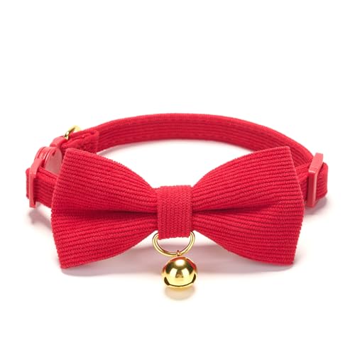 Soft Corduroy Cat Collar with Bell and Bowtie, Safety Breakaway Clasp, Adjustable for Kitten and Cats Red Color. - color: Red