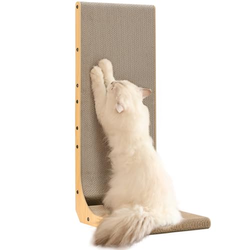 FUKUMARU Cat Scratcher, 32.7 Inch L Shape Cat Scratch Pad Wall Mounted, Cat Scratching Cardboard with Ball Toy for Indoor Cats, Extra Large - size: 1 Pack 32.7 in Wood Color