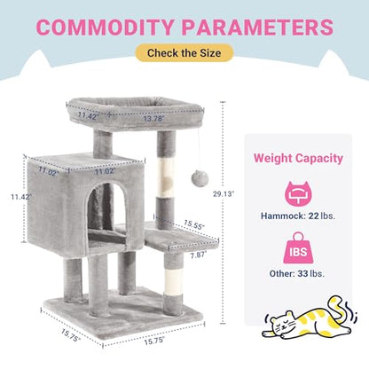 Allewie 29 Inches Cat Tree Tower/Plush Perches Platform/Condo/House/Sisal Scratching Posts/Multi-Level Activity Center Furniture for Kittens/Grey - color: Grey
