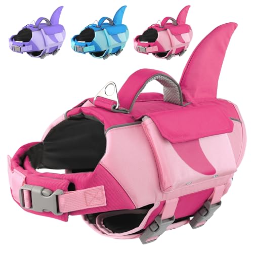 Dog Life Jacket Shark– High Flotation Dog Life Vest with Reflective Stripes, Pet Swimming Vest with Rescue Handle for Small Medium and Large Dogs, Suitable for Swimming & Boating – Pink, XS - color: Pink, size: X-small