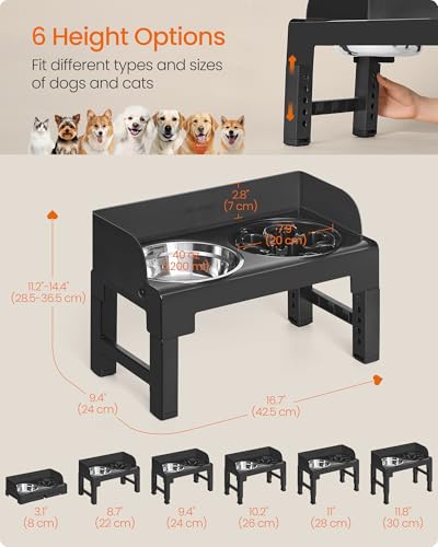 Feandrea Dog Bowls Elevated, Raised Stand with 1 Slow Feeder and Two 304 Stainless Steel Bowls, Adjustable Height and Tilted Design, Ink Black UPRB103B01 - color: Ink Black